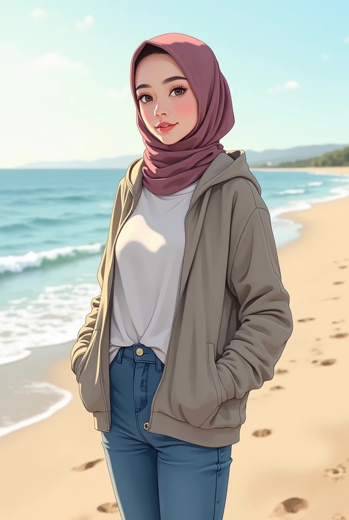 beautiful korean girl stand up atbeach, wearing hijab modern style..wearing loose tshirt with hoodie, jeans pants, , , soft lighting, background a beach, have sunlight, relaxed pose, , warm color. anime versi.. sketch
