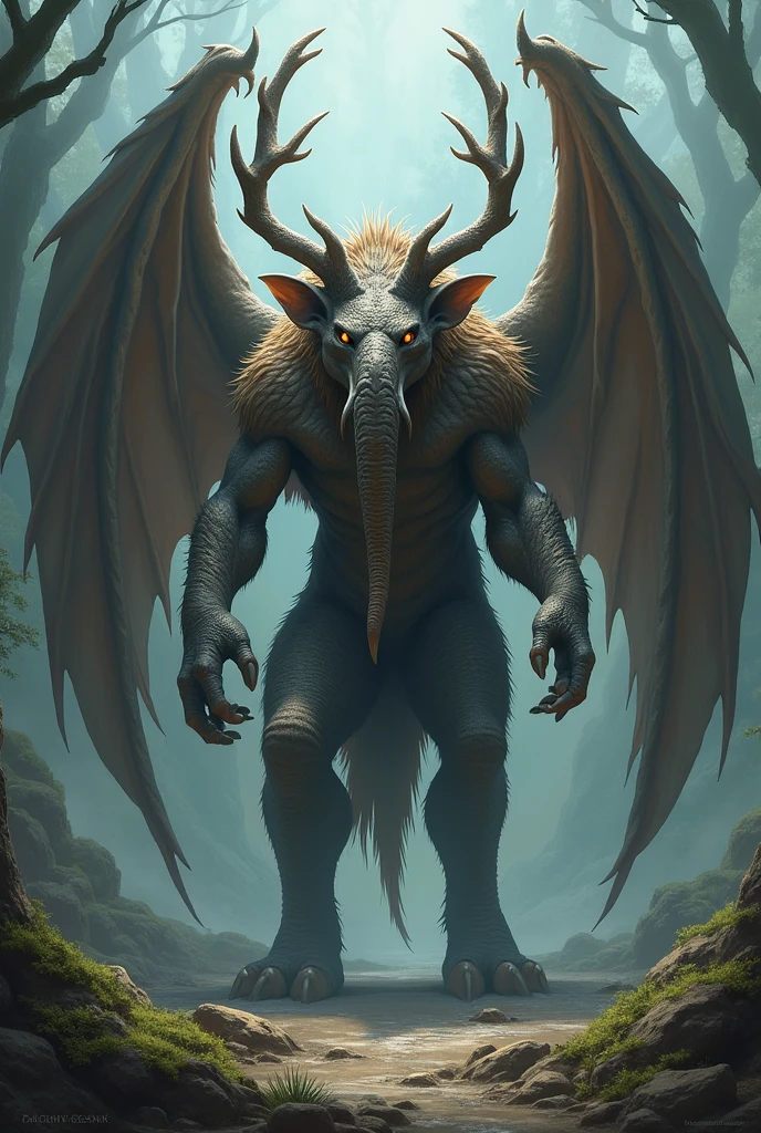 Beast with stag horn, elephant nose, stand on 2 feet, wings of demon, face of eagle, hands of tiger, skin of dragon