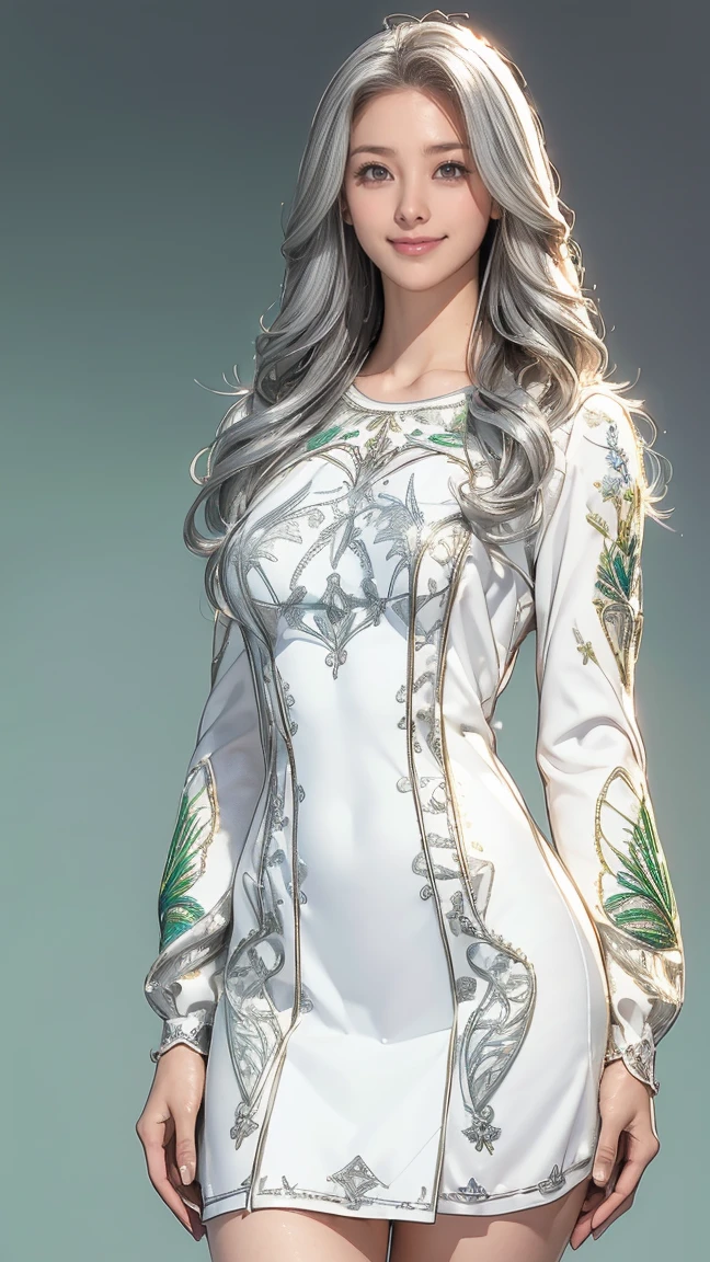 (Very detailed, Realistic, Highest quality, 4K, 8k, High resolution, masterpiece:1.3), An attractive flight attendant with a graceful and elegant figure. Erin Anderson is tall and slender, long, Long, wavy, golden blonde hair styled in loose curls. Long hair that reaches down to the buttocks.She has attractive, friendly, bright green eyes.（Long hair that reaches down to the buttocks:1.5）((とてもlong髪))((Smile、Embarrassed smile)) ((Flowing white mini dress decorated with intricate silver embroidery_long sleeve_Thin:1.3))  ((standing gracefully:1.6))
