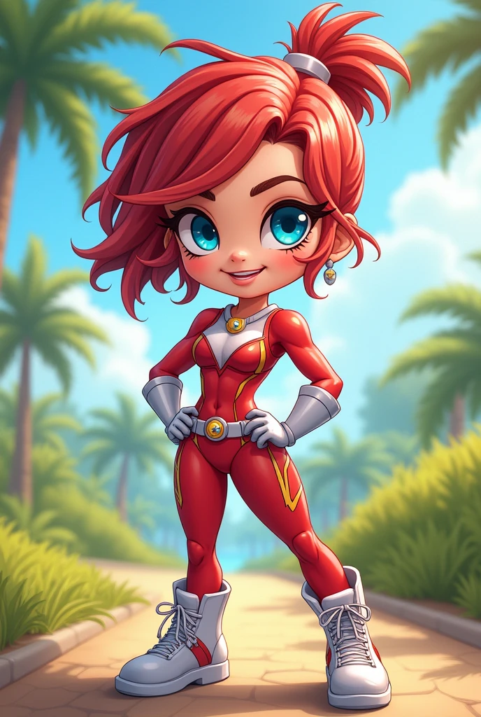 Chibi, fitnes girl, sexy, cute, happy, blue eyes, sunnny day, power rangers latex clothes,