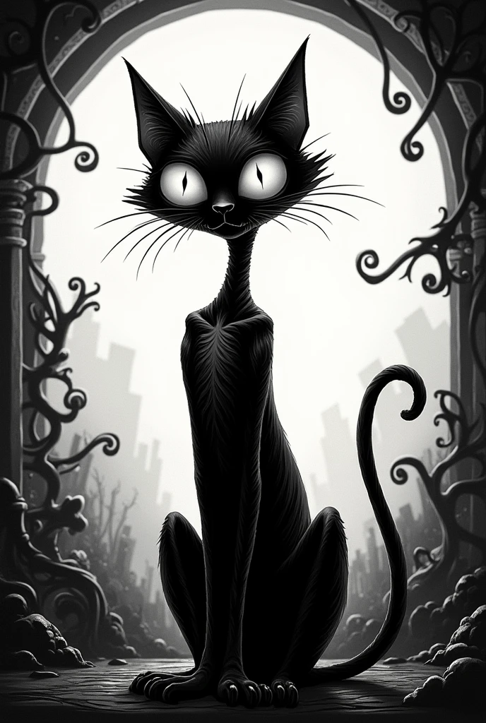 Cat design for black t-shirts Tim Burton style in black and white