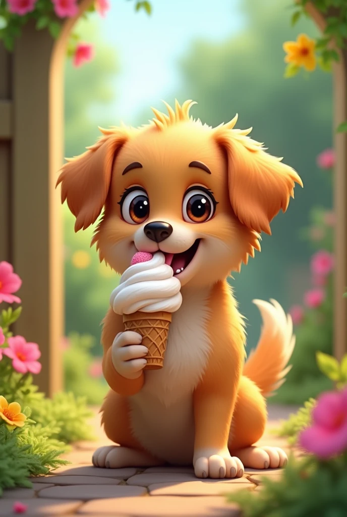 A dog eating ice cream