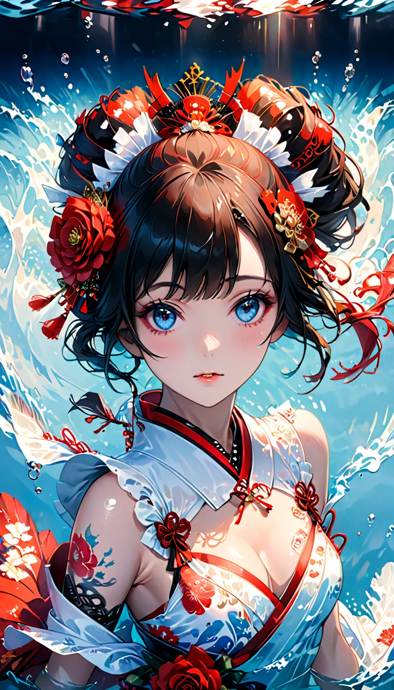 ,Ink painting, (((1 girl )), (((Tattoo in the middle of the forehead))), (((Oiran))), (((Great hair accessories))), Demon possession, , (((Masterpiece、Highest image quality、Highest quality、Extremely detailed unit 8kWall paper))), ((Illustration of one girl, (((Upper body covered)))、(((beautiful girl))), girl swimming underwater, Very detailed presentation style, It shines, Red Rose, light blue, brushwork, Ultra Realistic Oil Painting, Bright eyes, Head up close, Exaggerated perspective, Tyndall effect, drop of water, rainbow pearl, 3d white, black background,