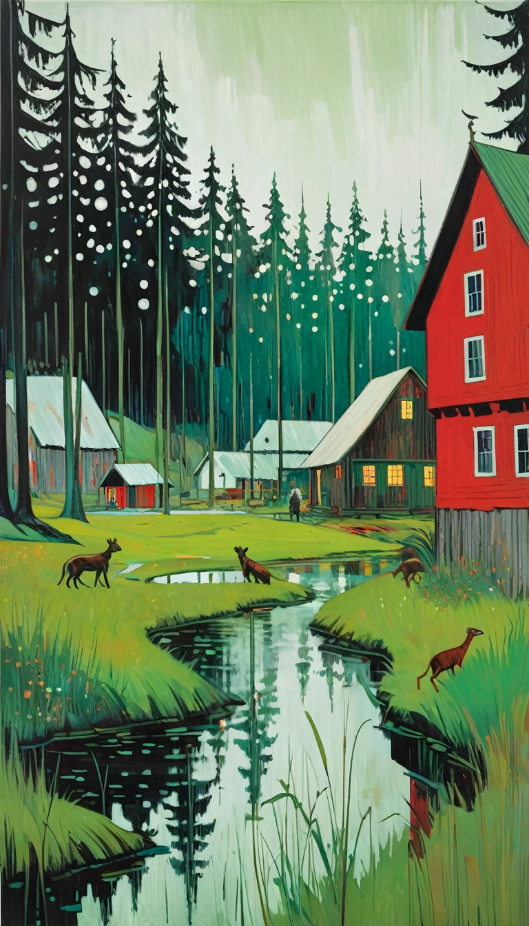 artist by Peter Doig,inside the village,wild animals,light tones,(smooth strokes),fine sketches,Vivid,Moody,Landscapes,Fantasy,Dark,landscape oil painting, red and green colors