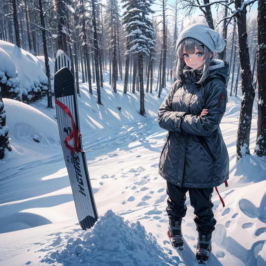 anime, Tabletop, Highest quality, 8k_wallpaper, (Beautiful Eyes), ((Snow is piling up)), cute, (The outerwear is grey、The bottom trousers are grey), (Slope with big trees),One Girl,small ,1 female student、smile,(Slope with big trees)、(((Snow as far as the eye can see)))、Ski resort on a sunny day、snow board、(((Girl Standing On Top Of A Mountain)))(((snow boardを着る)))、