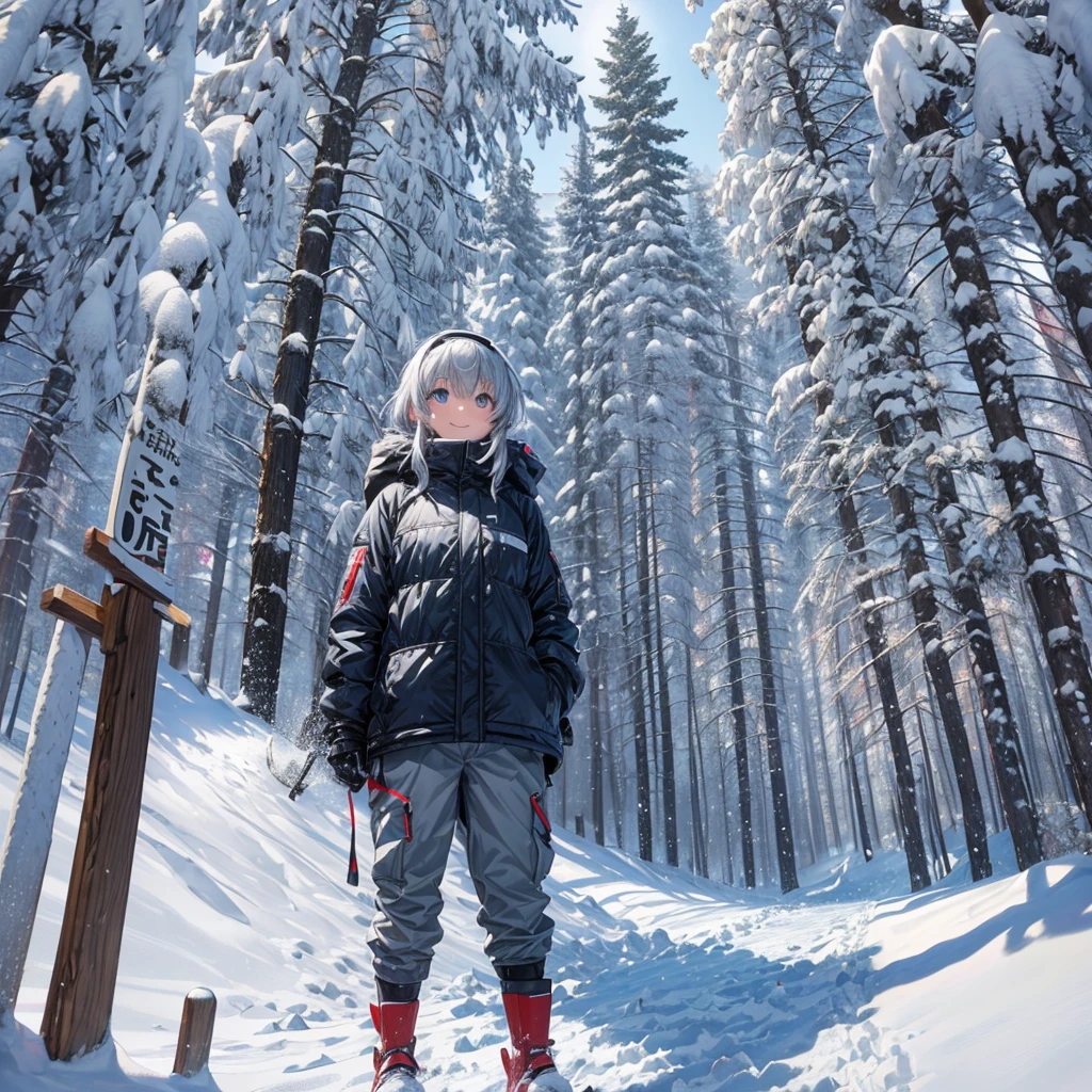 anime, Tabletop, Highest quality, 8k_wallpaper, (Beautiful Eyes), ((Snow is piling up)), cute, (The outerwear is grey、The bottom trousers are grey), (Slope with big trees),One Girl,small ,1 female student、smile,(Slope with big trees)、(((Snow as far as the eye can see)))、Ski resort on a sunny day、snow board、(((Girl Standing On Top Of A Mountain)))(((snow boardを着る)))、