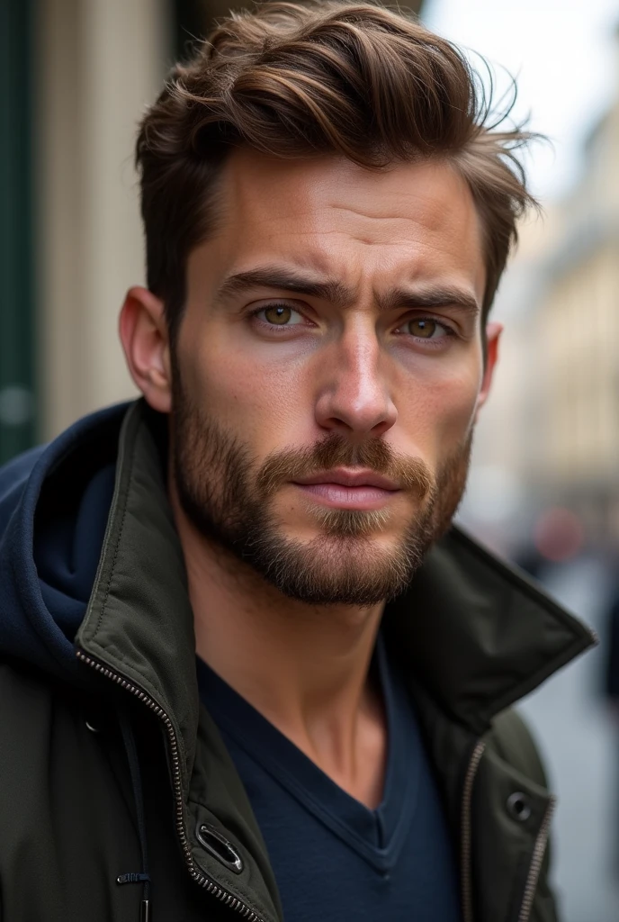 Un homme avec des epaules larges, cheveux chatain, machoire carrée avec de la barbe de 3 jours, coupe de cheveux court avec de l’epaisseur et des yeux marrons agé de 25 ans et pas trop bronzé, photo naturelle, cheveux court sur le coté style parisien