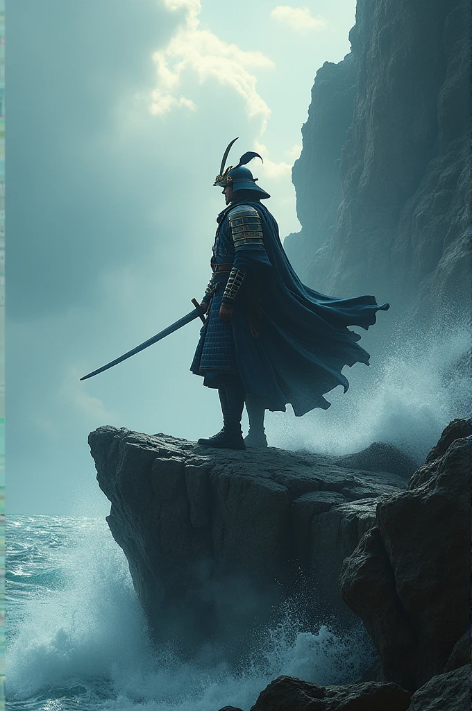 A powerful shot of a samurai standing alone on a rocky cliff, facing a storm, with wind whipping through his clothes, symbolizing courage, UHD, dramatic and intense.