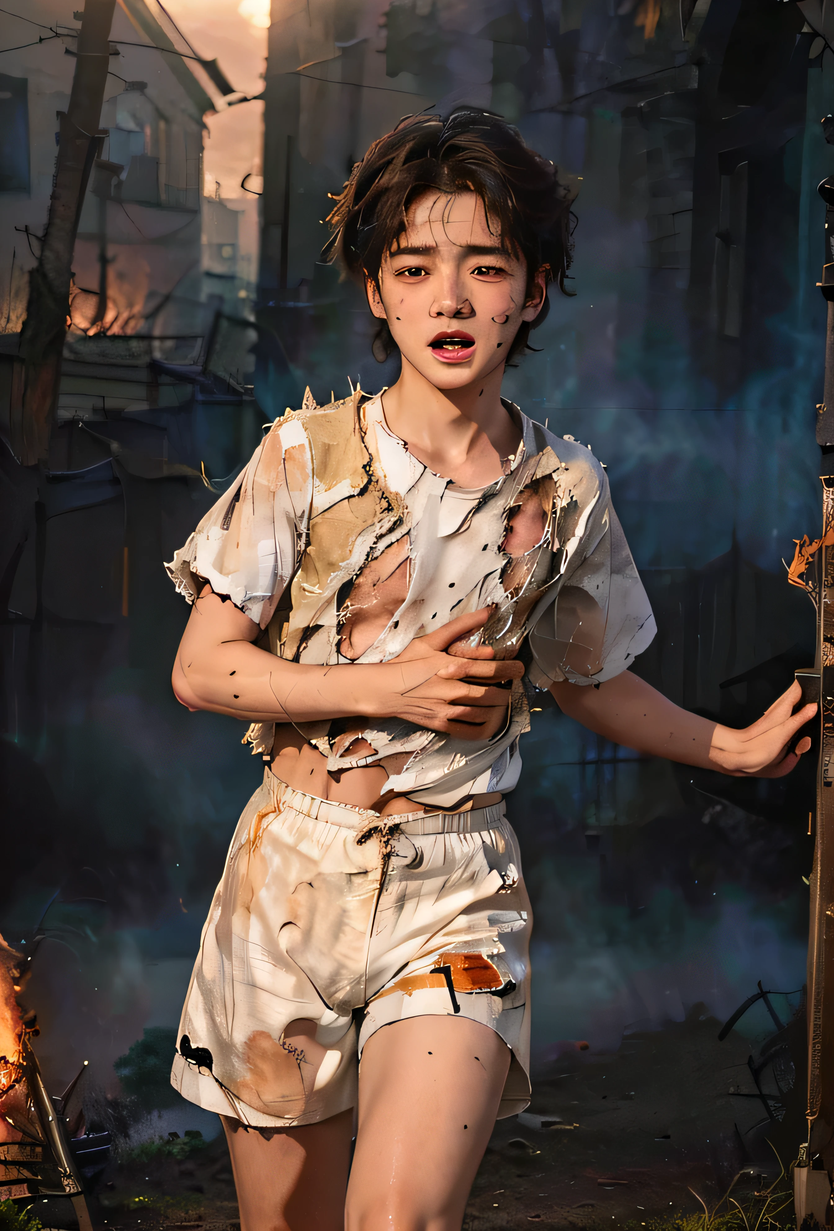 (Highest quality, masterpiece, 4K, photograph, Fine:1.4), (Very handsome boy in (too much burned and very tattered) (white short nylon shorts), running from a fire,:1.3), garden, short stature, squirt, tomboy, A burned and (torn in tattered) white short-sleeved T-shirt and white short nylon shorts, Covering the crotch with both arms, Very handsome with a baby face, crying with his under-ware partially exposed, Footage from the knee up
