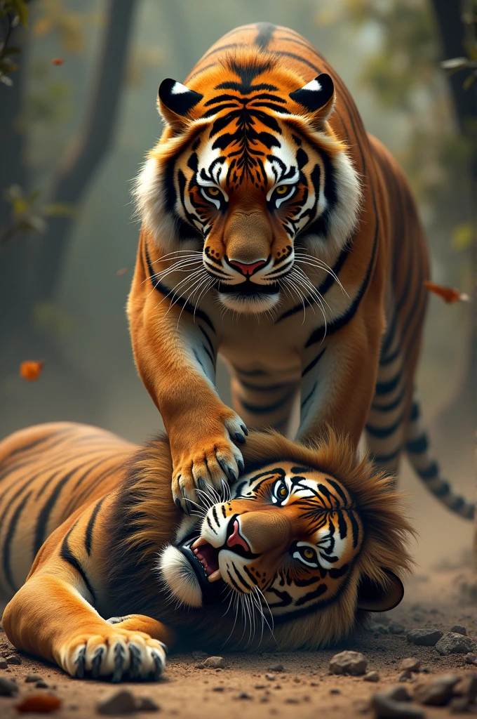 Mujhe Ek Aisi image chahie jismein Tiger jeet gaya ho lion se aur Tiger ka foot line ke Sharir per aur Tiger aur lion ka face saaf saaf dikh raha hai