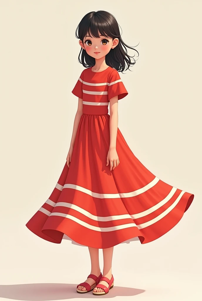 Make a young girl wearing a red dress with horizontal white stripes 