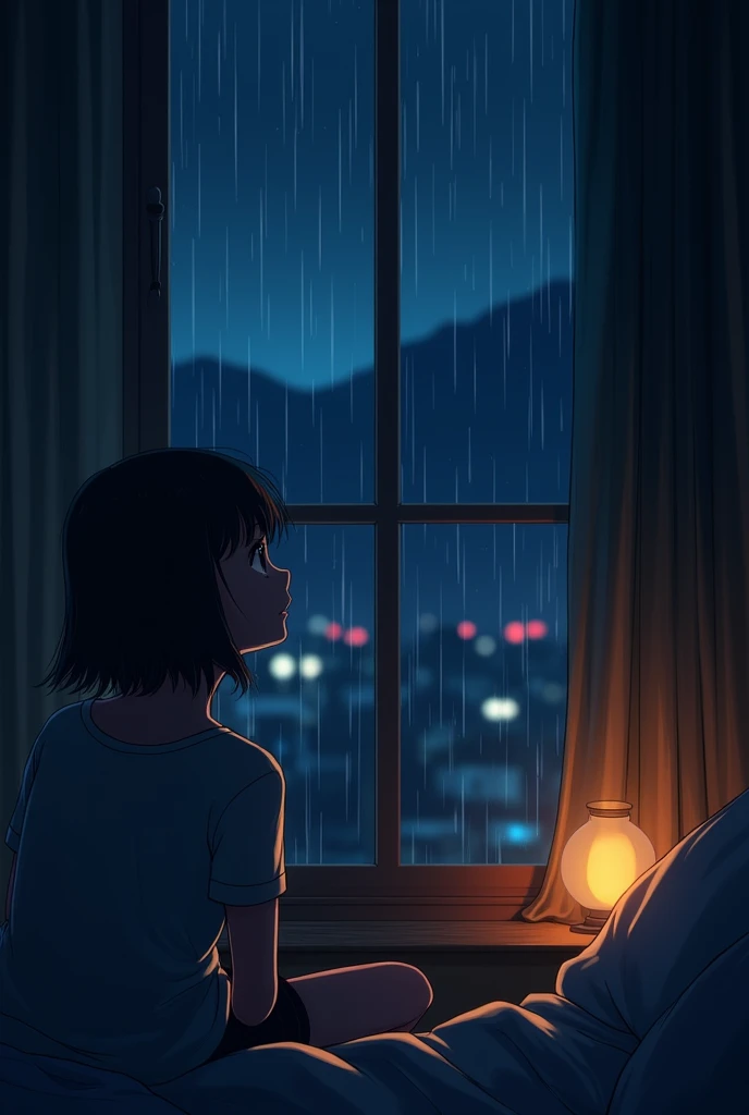 Listening to music while watching the beautiful night view from my room　It&#39;s raining outside　A profile can be seen from the reflection in the window　anime