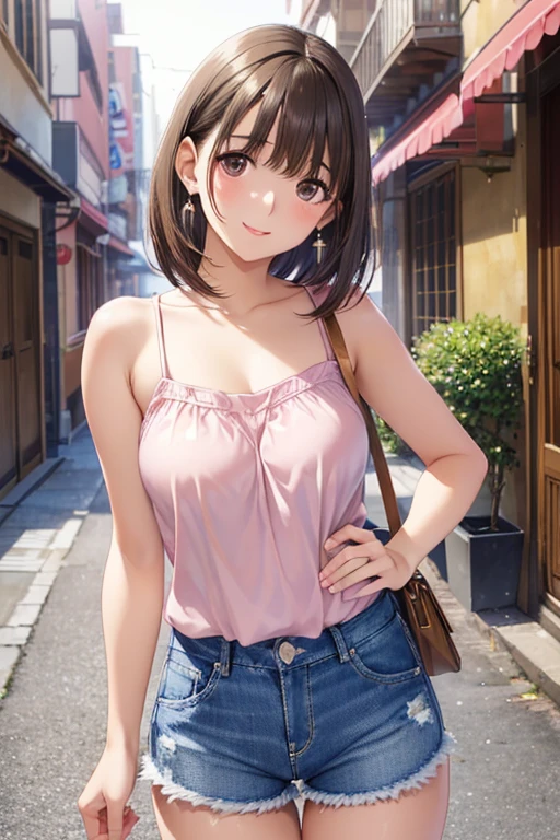 (8K、Highest image quality、highest quality、masterpiece)、detailed face、((two :2))、brown hair、short hair、brown eyes、evil smile、((grin))、earrings、((small breasts))、((pink camisole))、((denim short shorts))、cowboy shot、black hair、twintails、light blue eyes、evil smile、((grin))、earrings、((small breasts))、((white camisole))、((denim short shorts))、cowboy shot、((standing in a row))、((back alley background))、((nsfw))