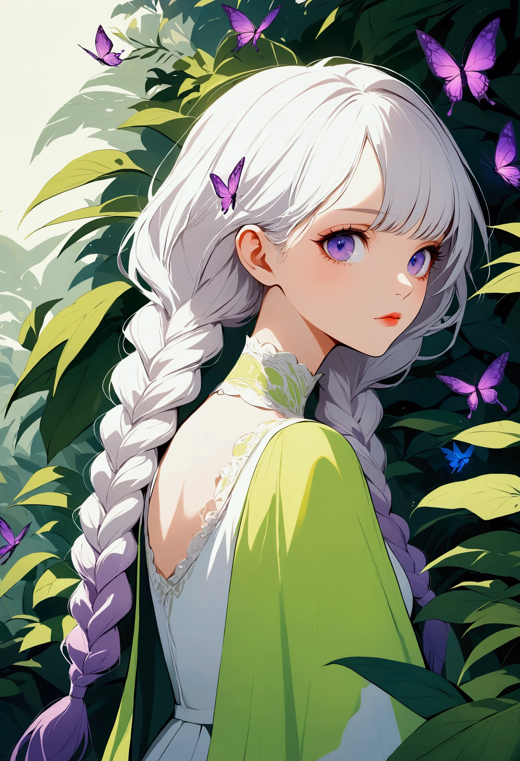 Vector illustration，Beautiful witch with two purple braids，A couple of 1 girl and 1 boy, White hair，Pink tip, blue eyes, Extremely detailed, Pretty Face,
Lovely：1.37，Purple Eyes，White hair-purple-long braids。jungle，vegetation，Lush，, Digital illustration style, Fluorescent green color scheme, Soft shadows, Simple line art, close up, Minimalism, Soft colors, Swarms of glowing butterflies，