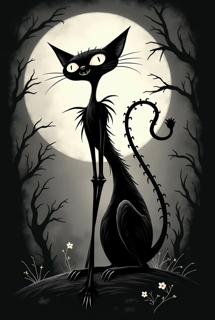 Cat design for black t-shirts Tim Burton style in black and white 