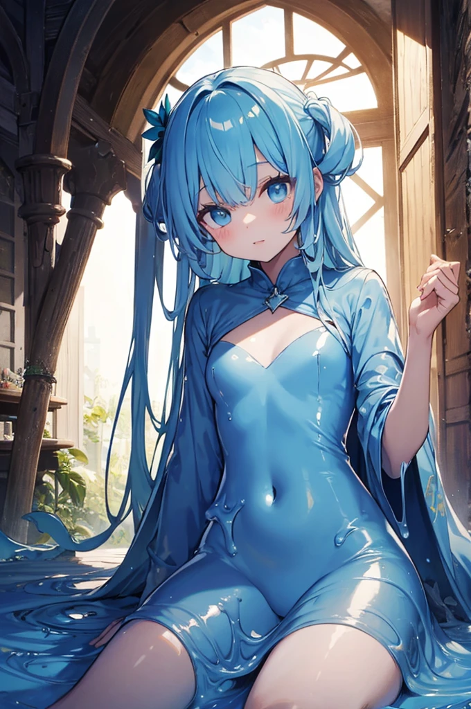 Slime Girl,light blue,composition,cute,Masterpiece,light blueのスライム,Transparent,Natural Light,Super detailed,Ultra HD,clear,Completed blue,Masterpiece,An illustration,Soft.The body is made of slime,
