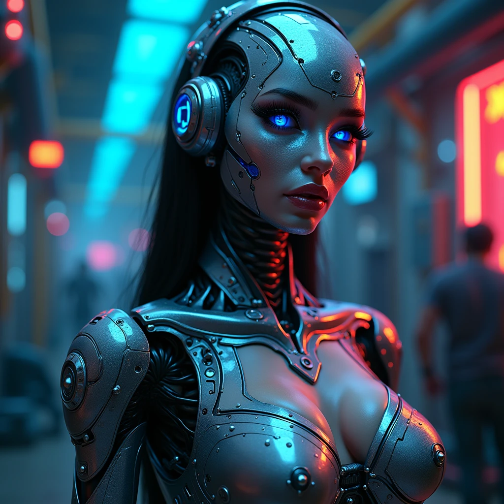 full lenght image, sexy female robot,glossy metallic body, glowing blue circuitry, beautiful detailed eyes,beautiful detailed lips,extremely detailed face and skin,long eyelashes,seductive pose,intricate mechanical details,futuristic sci-fi setting,dramatic lighting,cinematic composition,(best quality,4k,8k,highres,masterpiece:1.2),ultra-detailed,(realistic,photorealistic,photo-realistic:1.37),highly detailed, cinematic, dramatic lighting,vibrant neon colors