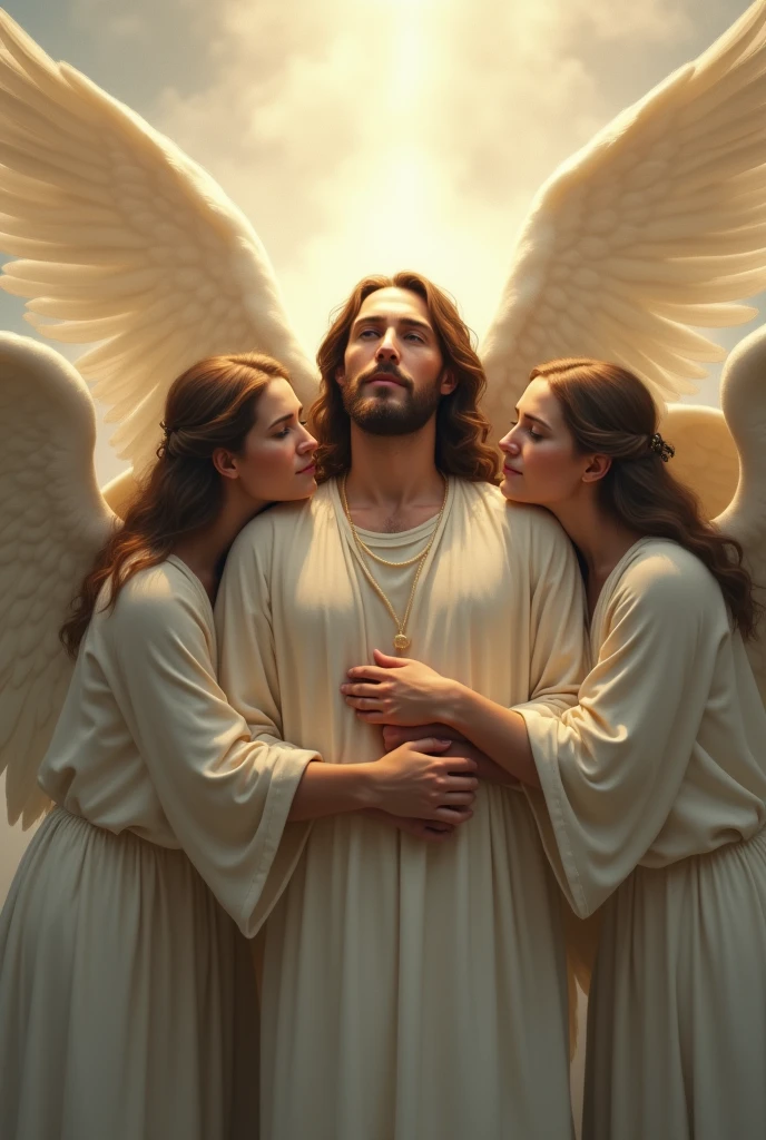 Hugging Jesus, surrounded by angels