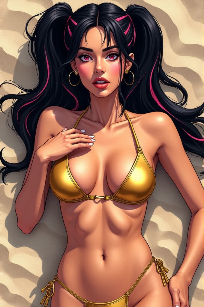 Shraddha Kapoor high quality illustrations。She is a mysterious and attractive woman...。with sharp eyeliner。Her skin is tanned、She has black hair。She has pink streaks in her hair。Her hairstyle is a vertical twin tail on both sides..。Pink Eyes。The costume is a gold triangular bikini...。Large Breasts。The areola is clearly visible。She has a good style、 Red face。Signs of love are showing。Sleep on your back。She is out of breath and sweating.。She is undoing the chest strap with one hand..。The location is the beach sand。Bikini straps slipping down around the chest.。I accept that a man has touched my breasts.。Licking a man&#39;s erect mushroom。Man Generated Display