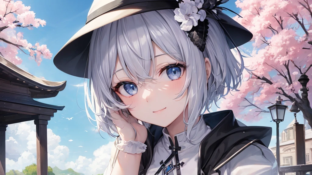 Ultra HD,Look at the viewers, Place your hands behind your back, and, 20-year-old, 非常にshort hair, Long bangs between the eyes, Pale blue eyes, Very detailed,(masterpiece、Highest quality),Gray Hair、Laughter、wonderful, Silver Hair, iris, short hair、 Fluttering Hair、Small face、明るいsmile、(Detailed face) ,Professional Lighting,wonderful風景,blue sky, sunlight,Looking down from above,Portraiture、Open your mouth、Flower Field、Her eyes were shining、Mysterious and enchanting atmosphere。With AI Painting、andてもshort hair, Long bangs between the eyes, Very detailed,(masterpiece、Highest quality)、alone、Gray Hair、Fantasy, Silver Hair, Fantasyな風景、smile、Open your mouth、short hair、short hair、hairpin、black eye、Grey Eyes、Beautiful Eyes、Black Shirt、White hoodie