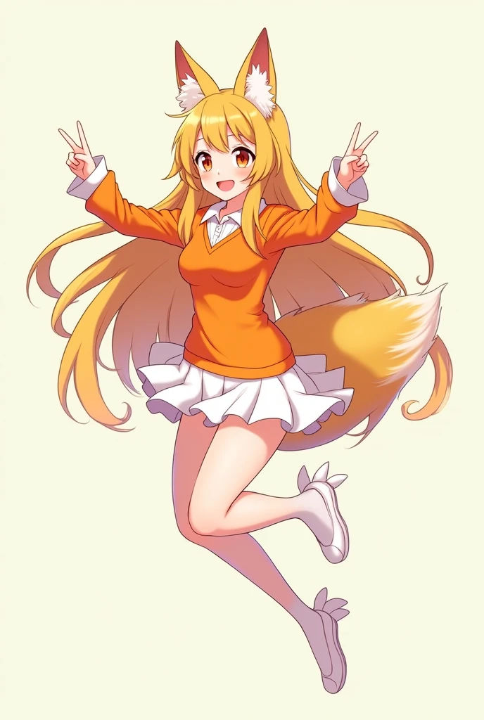 Beautiful Vtuber girl long hair smiley face with a fox ear wearing an beautiful orange top, white short skirt and stocking. Jumping pose. no background.