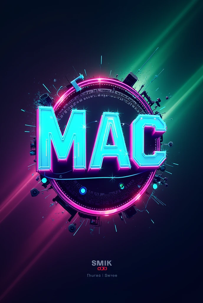 Create a logo image for a TikTok profile with the name 'Mac', inspired by the gamer style. The logo should have an energetic and modern look, using a vibrant and eye-catching color palette like neon green, purple and blue. Incorporate graphic elements typical of gamer design, like light effects, dynamic gradients and pixel patterns or circuits. The name 'Mac' should be in a bold, futuristic font, standing out with a glow or neon effect. Add game-related details, like small control icons or subtle references to the gaming world, to ensure the logo captures the essence of a gamer profile on TikTok