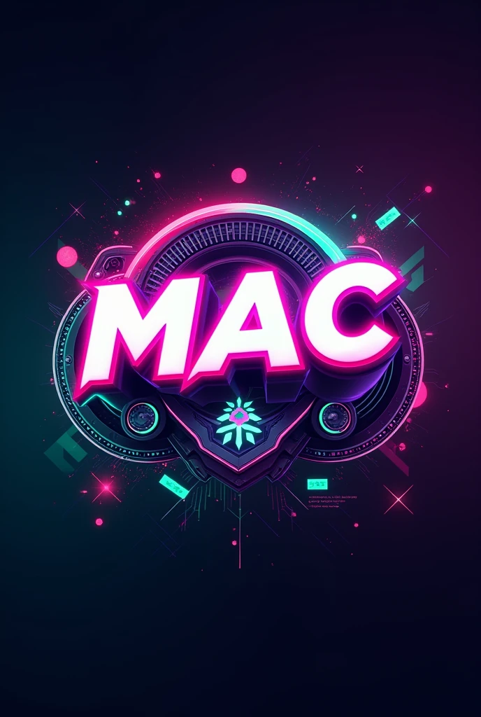 Create a logo image for a TikTok profile with the name 'Mac', inspired by the gamer style. The logo should have an energetic and modern look, using a vibrant and eye-catching color palette like neon green, purple and blue. Incorporate graphic elements typical of gamer design, like light effects, dynamic gradients and pixel patterns or circuits. The name 'Mac' should be in a bold, futuristic font, standing out with a glow or neon effect. Add game-related details, like small control icons or subtle references to the gaming world, to ensure the logo captures the essence of a gamer profile on TikTok