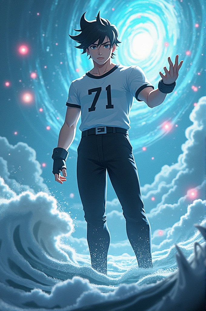 A animated character who wereing black pant and white shirt and also his shirt number is 71 he have all power's in the universe with some particles around him and he is in ship in a massive ocean 🌊🙀