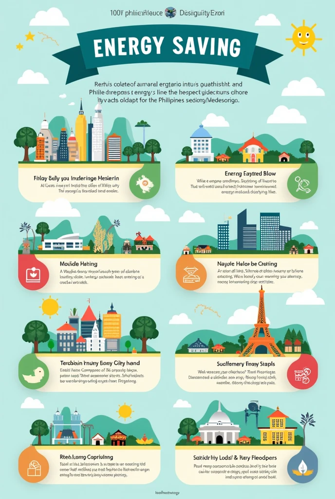 create an infographic about how to reduce energy consumption in your country Philippines ( be creative and unique but uts easy to draw without humans)