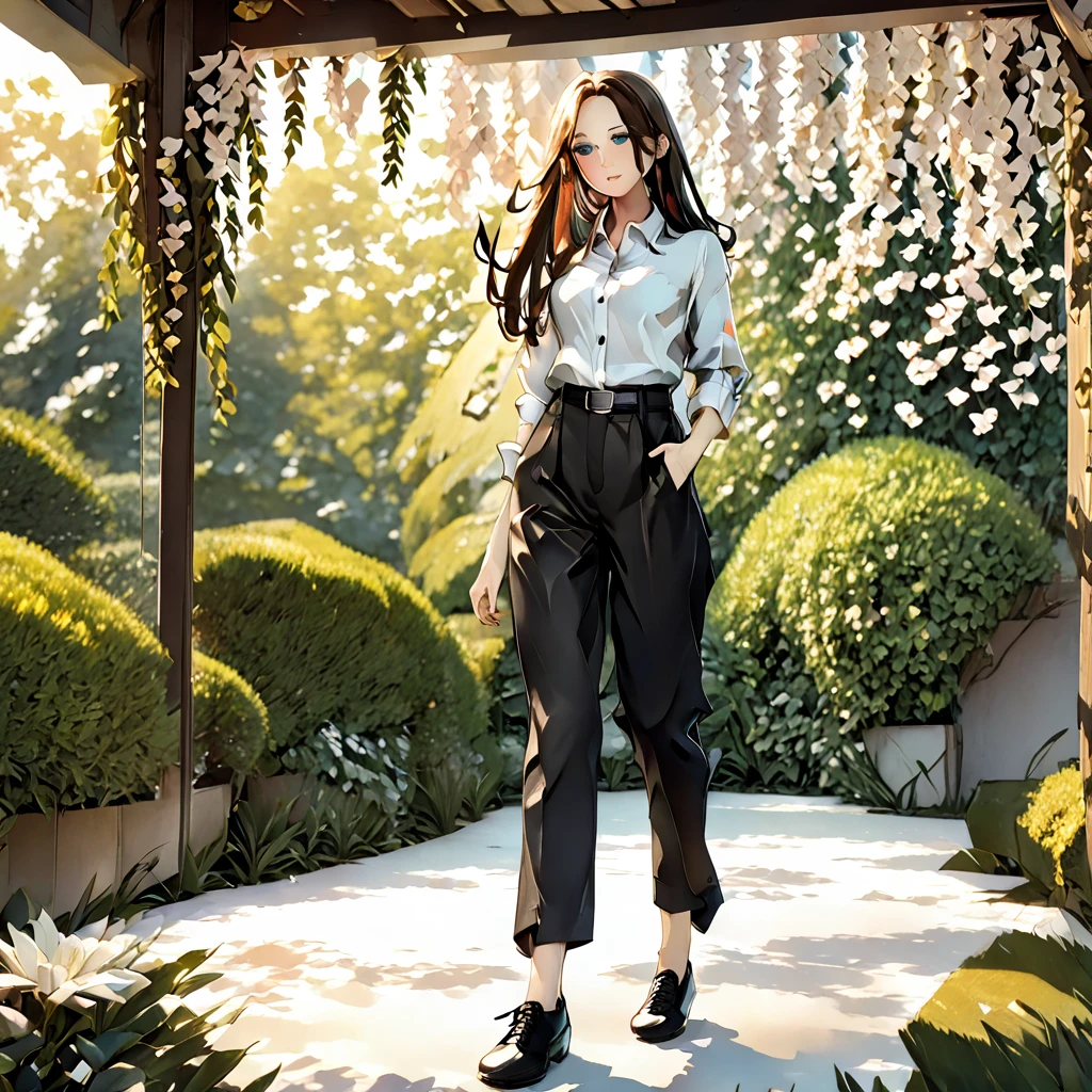 masterpiece,high quality,ultra high definition,solo, Hex,1woman, long hair,brown hairgreen eyes,pale skin, shirt, pants, shoes
