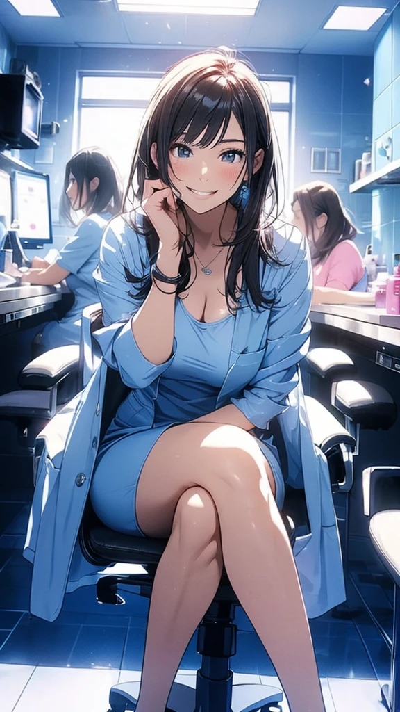 Beautiful woman wearing skin-tight blue medical scrubs, She put on transparent pink medical rubber gloves., I sat in the chair at the beauty clinic., smile, Have slightly larger breasts, Ultra-realistic, Realistic, Cinema Lighting, 8k, Very detailed, masterpiece, Perfect hands, Perfect Fingers