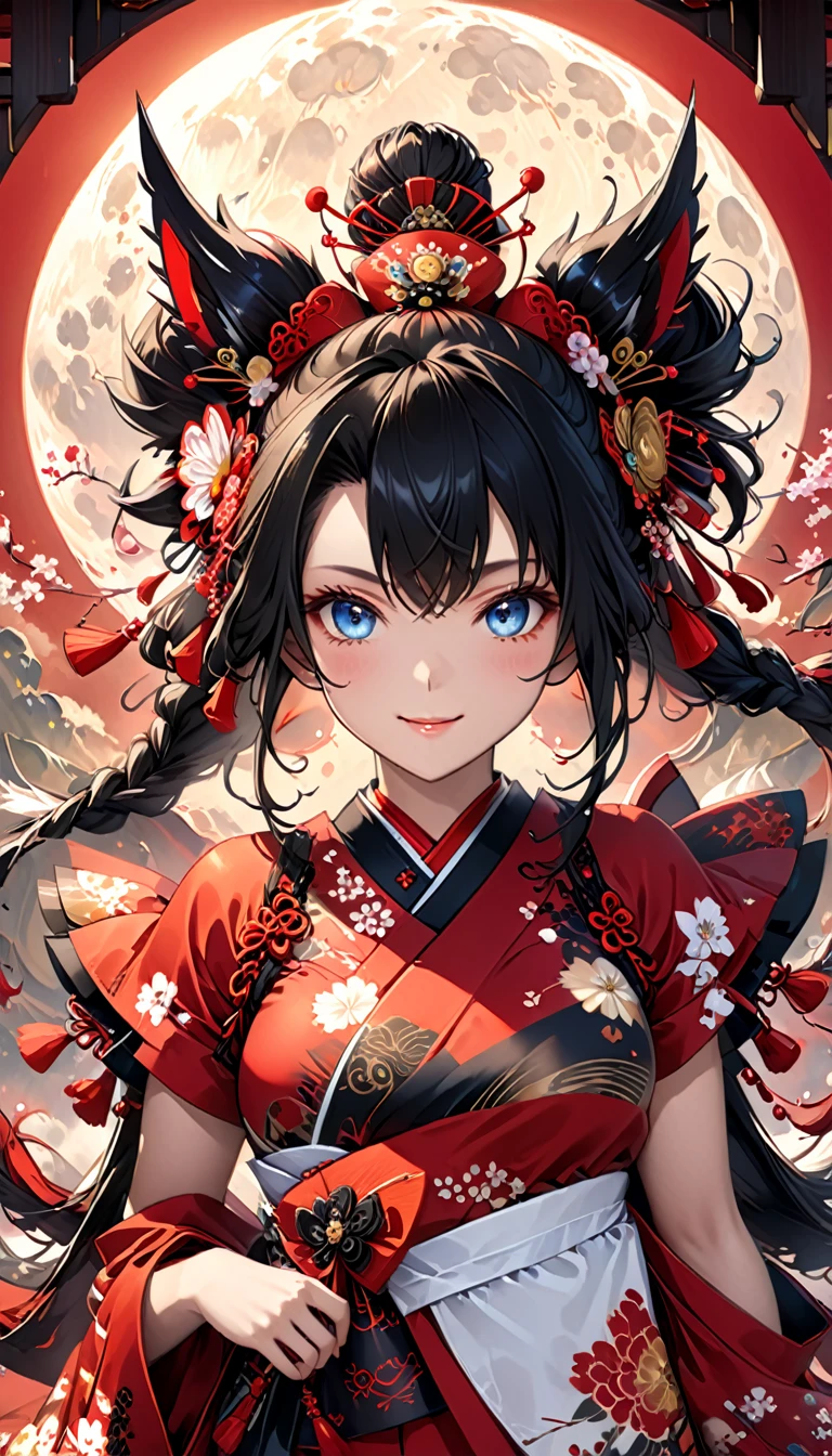 Ink painting, (((1 girl))), (((Tattoo in the middle of the forehead))),(((In the background is the Akatsuki moon))), (((Oiran))), (((Great hair accessories))), Demon possession, ((Masterpiece:1.2)), ((Highest quality)), (((Upper body covered))), Extremely detailed and delicate illustration style, Detailed leather texture, Detailed canvas texture, Very detailed description, (Masterpiece T), Extremely beautiful illustration, Highly detailed face, Raw image, professional, Ultra-high resolution panel, Complex details, Superior detail, Intricate decoration details, Perfect anatomy, real, figure、Blush,He smiles、Red poetry、long hair、usual clothes、Combat uniform、Visible collarbone、Beautiful feet、usual hairstyle、Highest quality, High accuracy, Unity wallpaper 8k, (figure:0.8), (Beautiful and beautiful eyes:1.6), Highly detailed face, Perfect lighting, Highly detailed CG, (Perfect hands, Perfect anatomy),