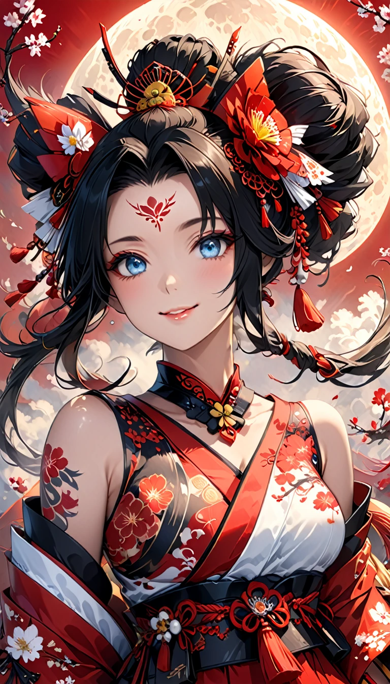 Ink painting, (((1 girl))), (((Tattoo in the middle of the forehead))),(((In the background is the Akatsuki moon))), (((Oiran))), (((Great hair accessories))), Demon possession, ((Masterpiece:1.2)), ((Highest quality)), (((Upper body covered))), Extremely detailed and delicate illustration style, Detailed leather texture, Detailed canvas texture, Very detailed description, (Masterpiece T), Extremely beautiful illustration, Highly detailed face, Raw image, professional, Ultra-high resolution panel, Complex details, Superior detail, Intricate decoration details, Perfect anatomy, real, figure、Blush,He smiles、Red poetry、long hair、usual clothes、Combat uniform、Visible collarbone、Beautiful feet、usual hairstyle、Highest quality, High accuracy, Unity wallpaper 8k, (figure:0.8), (Beautiful and beautiful eyes:1.6), Highly detailed face, Perfect lighting, Highly detailed CG, (Perfect hands, Perfect anatomy),