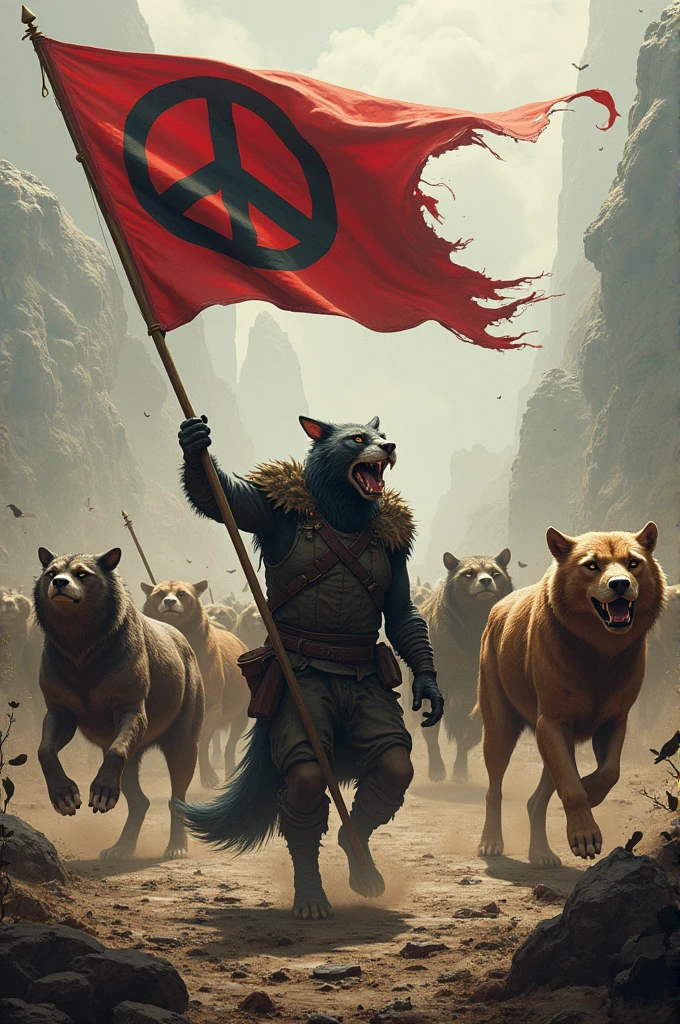a pitched battle between a group of animals and a group of humans, with the animals in a defensive position, showing determination and courage, while waving a flag with the symbol of animalism.