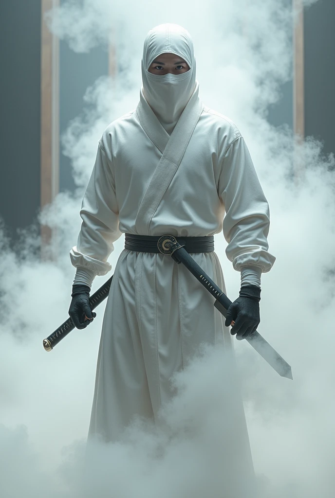 Good physical shape man wearing white Japanese ninja combat suit with white mask with only black eyes has steam on his body holding a katana