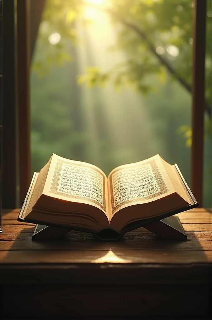 A serene, natural setting with the open pages of the Qur'an placed on a stand, with the text in Arabic script visible. Soft light filters through, highlighting the pages against a calm backdrop, perhaps with a subtle glow or reflection.
