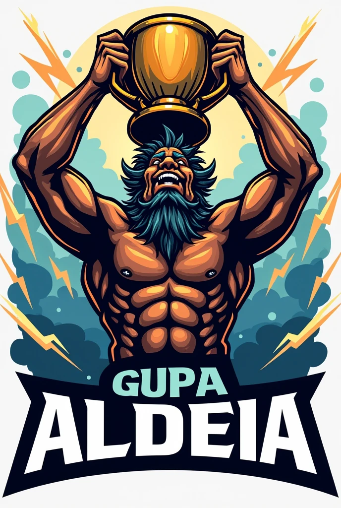 Create a sports logo with the name ALDEIA featuring a mascot of the thunder god Tupã holding a trophy that says goat inside.