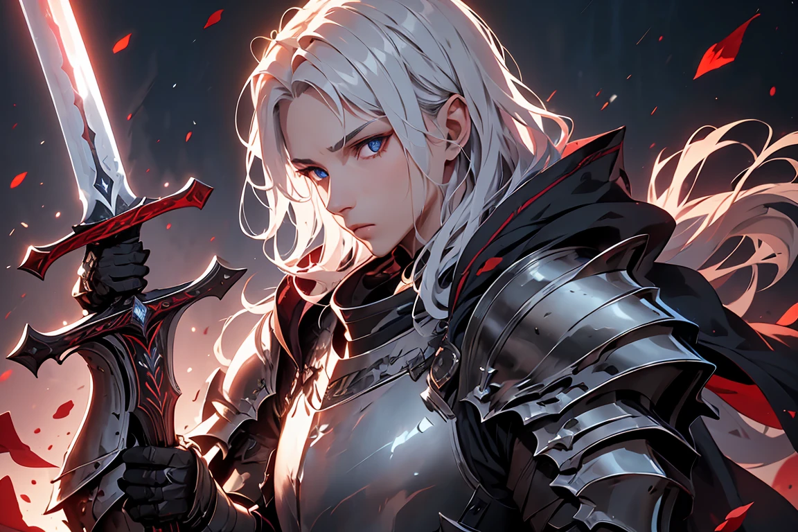 ((best quality)), ((masterpiece)), (detailed), best quality, detailed face, detailed eyes, Embroidered silver armor, knight, white-haired young man, Heroic fantasy protagonist, champion, long sword, Grasp the hilt of a long sword