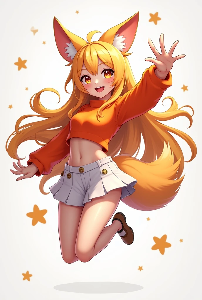 Beautiful Vtuber girl long hair smiley face with a fox ear wearing an beautiful orange crop top, white short skirt and stocking. Jumping pose. no background.