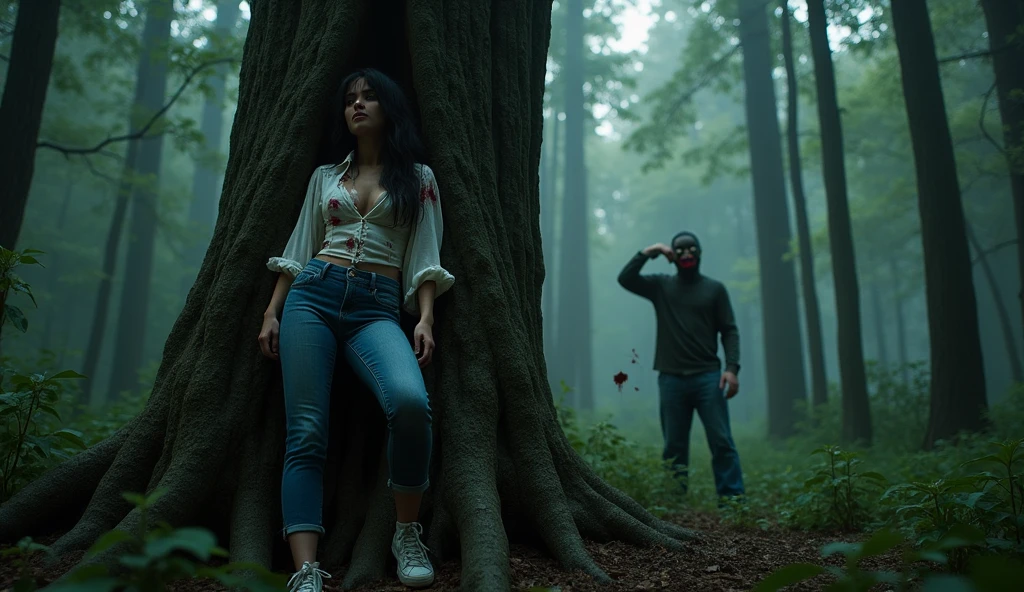 ultra realistic, photography, long black straight hair, messy hair, (30 years old, hazel eyes, hourglass figure, perfect fit body, natural big breasts), femme fatale, she is wearing a very ripped and torn blouse with a plunging neckline, pushed down over her right shoulder, blood is on her blouse, there are bloodstains on her blue jeans, her sneakers are dirty, she is hiding in the woods, standing behind a huge tree, she is leaning against the tree, she looks scared, a guy with a devils mask and a bloody machete is approaching behind her tree, he is looking around, extreme wide angle