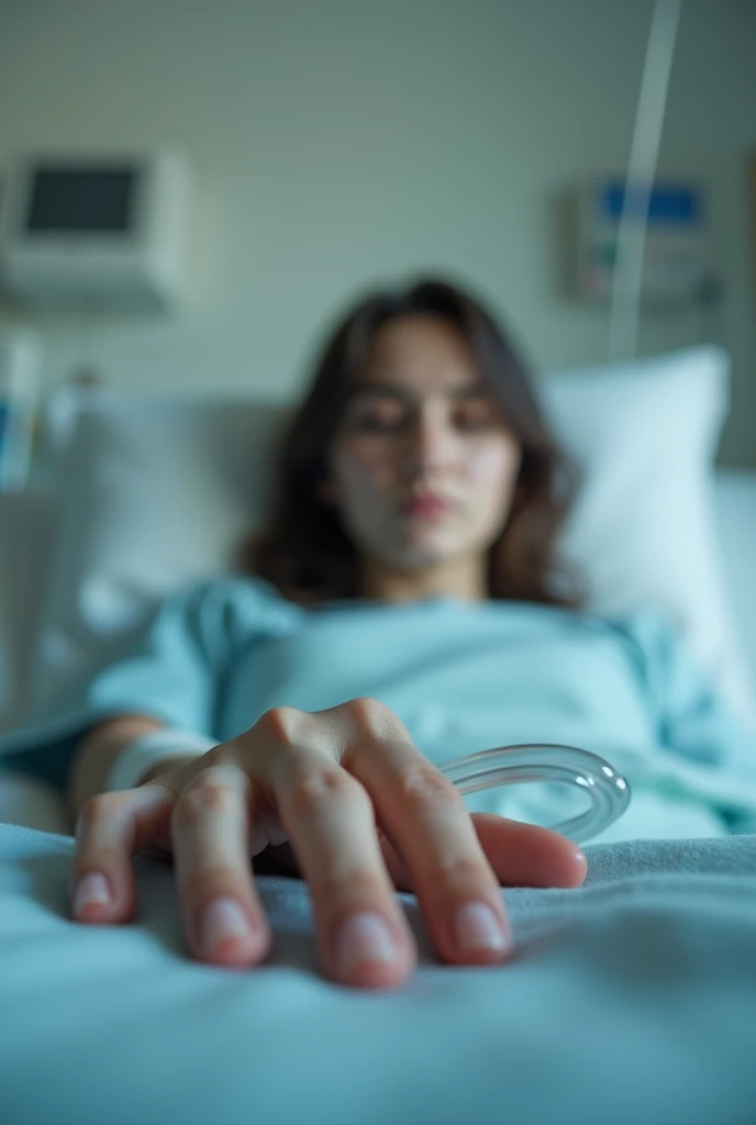 Make a point of view picture of a person lying on the hospital bed. Admitted because of low blood pleasure and a flu. Just make it sure the point of view is from a girl, and show only in the picture that her hand has a dextrose