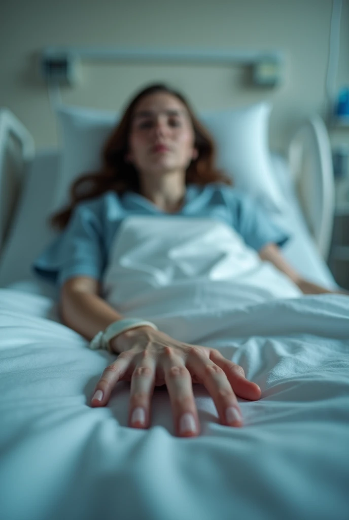 Make a point of view picture of a person lying on the hospital bed. Admitted because of low blood pleasure and a flu. Just make it sure the point of view is from a girl, and show only in the picture that her hand has a dextrose
