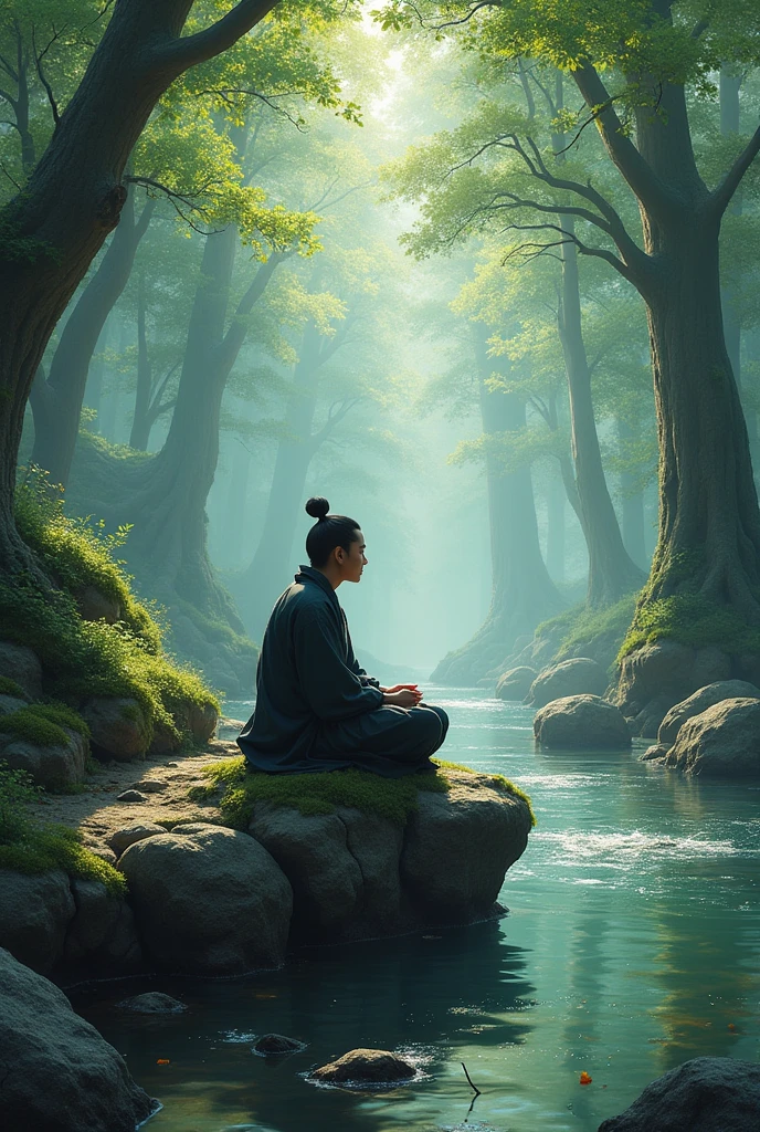 musashi Miyamoto sit in the rock in the forest and a river between