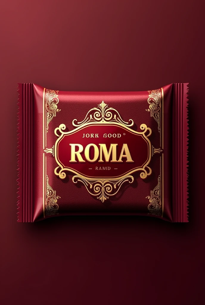 Create a Roma candy wrapper design for sore throats with burgundy and red and gold tones in Portuguese