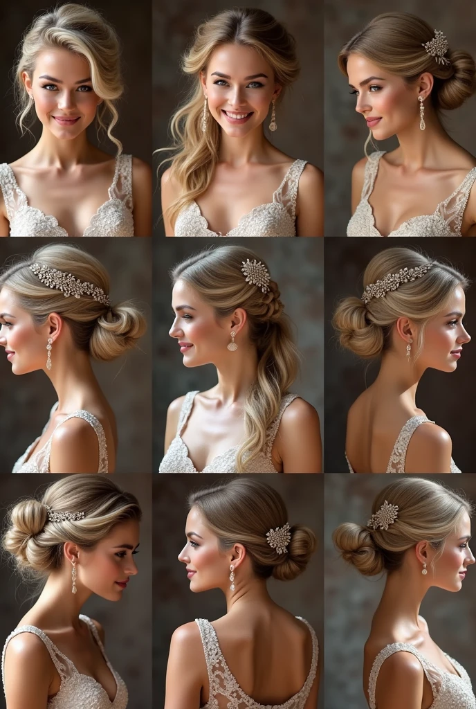 A stunning collection of 11 prom hairstyles, each one uniquely charming and perfect for the big night. The styles range from elegant updos, loose curls, and braided designs, to chic half-up, half-down styles. Each hairstyle is meticulously crafted and showcased on a model with a radiant smile, wearing a gorgeous evening gown. The background is a sophisticated, enchanting atmosphere that sets the tone for a magical prom evening.