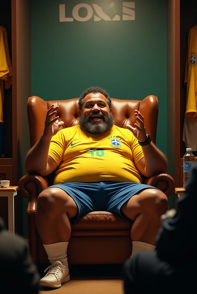 take a picture of a fat Brazilian player in a chair telling a story for the image