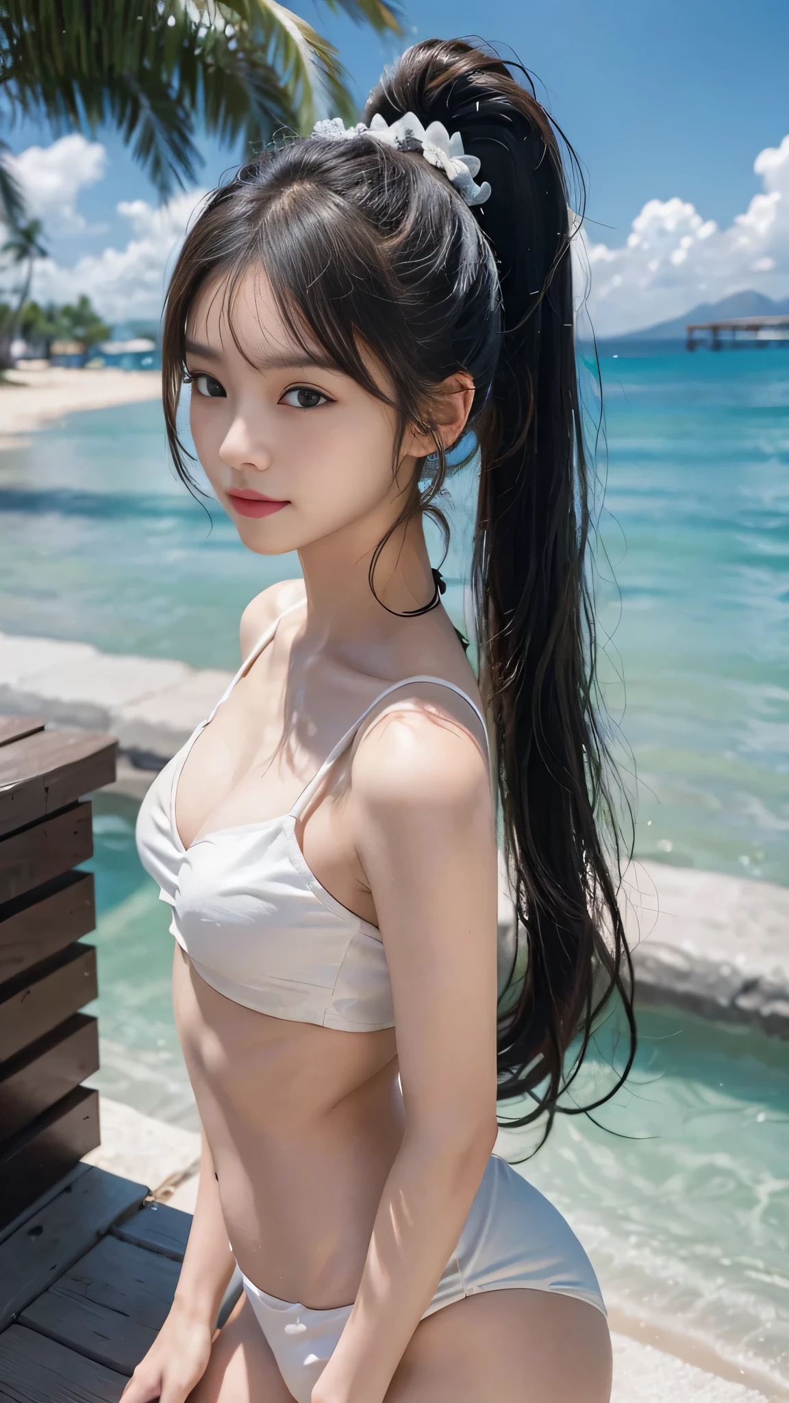 Outdoor,body shot,Black micro bikini,Hawaii Resort Beach,The highest image quality, High quality, the background is clear,Beautiful woman, Japanese,Ultra-detailed, finely detail, hight resolution, 8k Wallpaper, Perfect dynamic composition, Beautiful detailed eyes , Detailed, Detailed eyes, Detailed skin, Beautiful skin, 超hight resolution, (reality: 1.4),Very beautiful woman, Slightly younger face, Beautiful skin, Slender, (Ultra photo realsisim), (hight resolution), (8k), (Very detailed) (beautifully detailed eyes), (super detailed), (Detailed face), view the viewer, Fine details, Detailed face, Staring straight ahead, Staring straight ahead, photos realistic, Bright lighting, Professional Lighting, Black hair,poneyTail,a baby face,sixteen years old,Hairstyle: ponytail,Long ponytail hairstyle,slight smile,Beautiful Japanese KPOP idol photo, hair style is ponytail, my eyes are double and wide, baby face, smile and look straight ahead, Slender, small breasts,