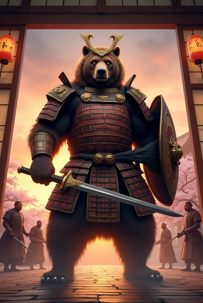 **Prompt**: "In a hyper-realistic 8K scene, a colossal brown bear stands as a majestic samurai, adorned with intricately detailed Japanese armor in a breathtakingly epic setting. The bear's armor is a masterpiece of craftsmanship, combining lacquered wood, shining metal, and ornate silk, featuring traditional samurai motifs such as dragon engravings and cherry blossom patterns. The helmet, shaped like a fierce oni mask, partially reveals the bear’s intense amber eyes.
The scene unfolds in a sprawling, ancient Japanese dojo, with wooden beams and shoji screens framed by hanging lanterns casting a warm, ambient glow. The dojo’s tatami mats are adorned with intricate, handwoven designs, and traditional Japanese banners flutter in the soft breeze. In the background, a tranquil Zen garden with meticulously raked gravel and blooming cherry trees adds a serene contrast to the bear's imposing presence.
As the bear stands poised with a gleaming katana in one paw and a shield adorned with Japanese symbols in the other, the tension of the moment is palpable. The dojo’s open sliding doors reveal a dramatic sunset sky, with vibrant hues of orange and pink casting long shadows and bathing the scene in a golden light. The bear’s fur, enhanced with realistic textures, blends seamlessly with the luxurious armor, reflecting the rich details of its environment.
Surrounding the bear, a group of skilled samurai warriors, dressed in traditional attire and armed with katanas, watches in awe, their faces a mixture of respect and trepidation. The scene captures the epic fusion of nature’s grandeur and samurai honor, set against the timeless beauty of traditional Japanese architecture and landscape, all rendered in stunning, hyper-realistic detail."