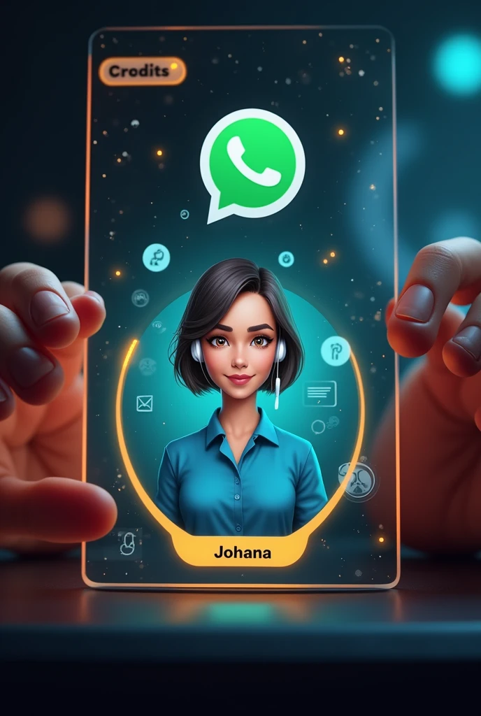 Create a glass business card of a WhatsApp profile placed on a black desk, At the top of the card a phrase that says CREDITS that shows the large WhatsApp logo, create a 3D illustration of a short haired latina woman, You must wear a blue blouse and a white headset. The girl's photo will be in a circle with the name of the WhatsApp social network user Johana in black below the profile photo and written message bubbles, WhatsApp card glows red and yellow on the edge. In one corner is the one held with two fingers.