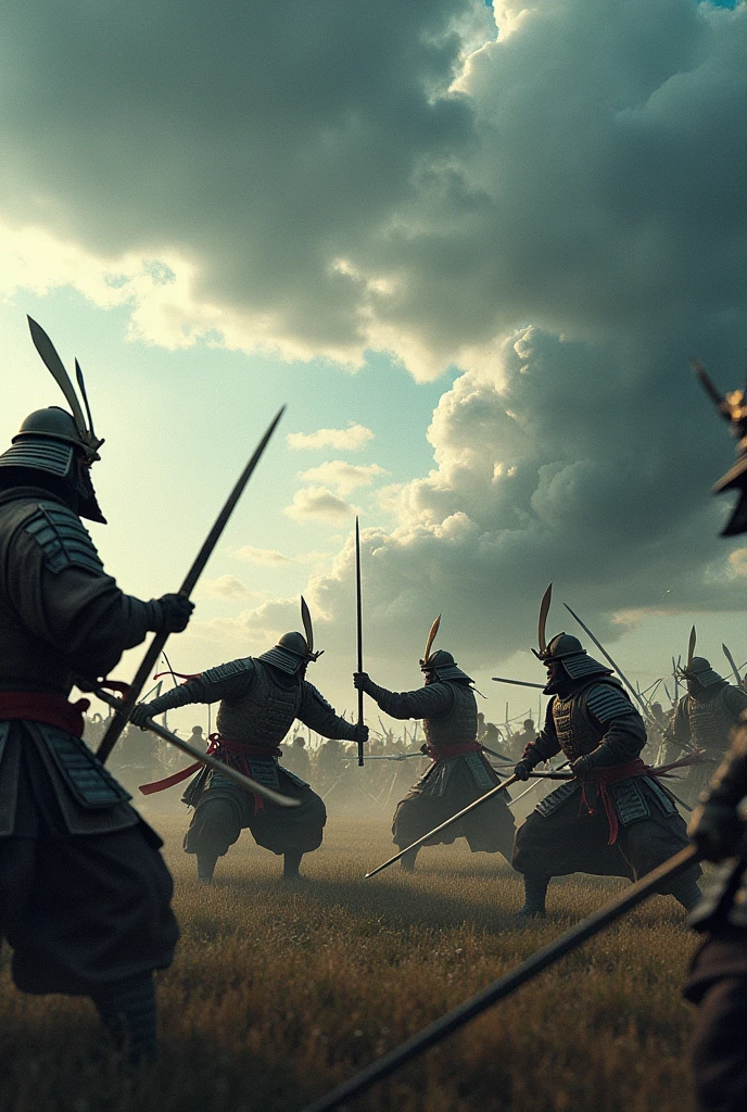 A panoramic view of a battlefield with samurai clashing, their armor shining under a stormy sky, realistic, UHD, dynamic movement and intensity.